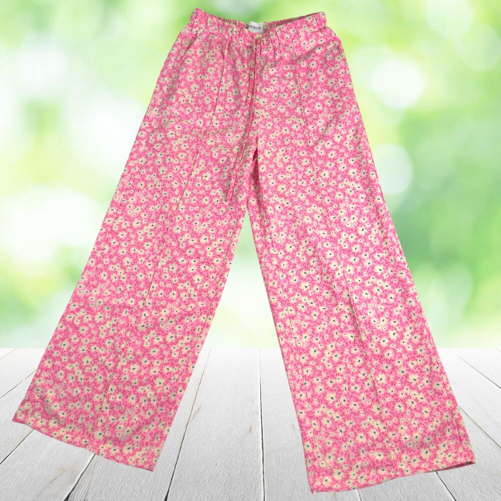 FRNCH PARIS Wide Leg Pants Pink Ditsy Floral Drawstring Elastic Waist Pockets M
